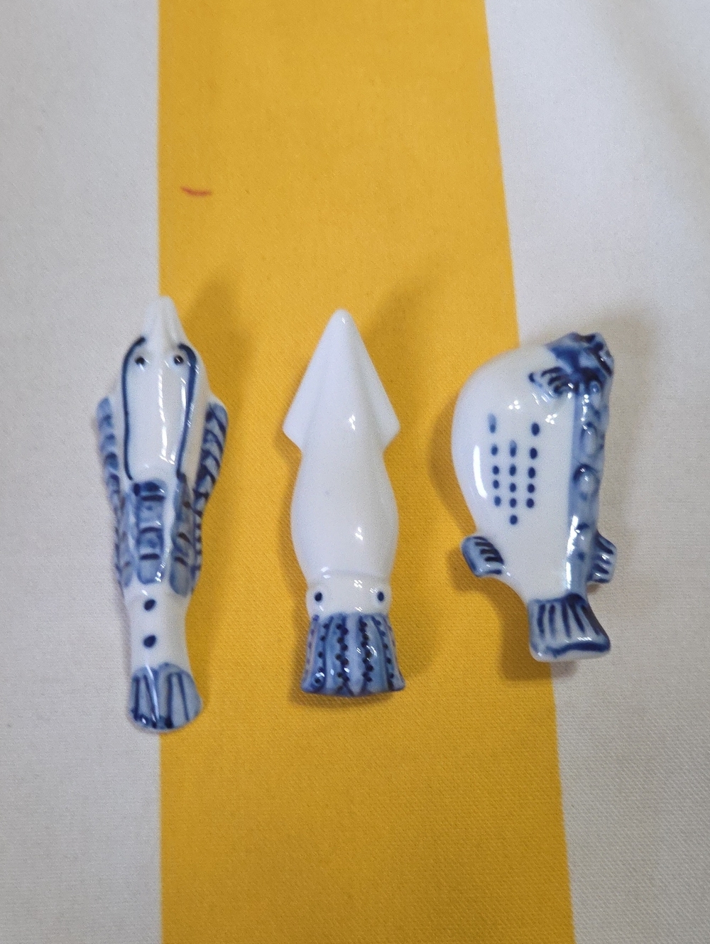 Blue White Porcelain Seafood Chopstick Rests Hashioki Fish Squid Set of 3